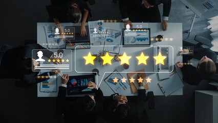 A team of business professionals collaborates in a meeting, featuring digital ratings and reviews overlays, showcasing data analysis and strategic planning in an office environment. Raster