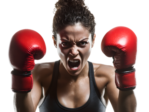 Aggressive female boxer with red gloves shouting with determination, isolated on transparent background