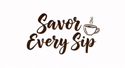 Savor every sip coffee illustration. Hand-drawn calligraphy lettering with a hot beverage cup icon for cafe decor and personal enjoyment concept.