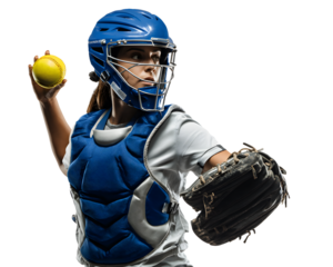 Young female softball catcher in full gear, wearing a blue helmet and chest protector, preparing to throw a yellow ball, isolated on transparent background
