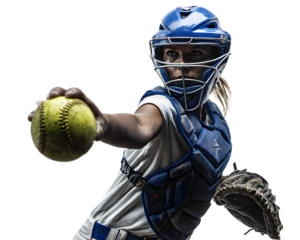 Young female softball catcher in full gear, wearing a blue helmet and chest protector, holding a yellow ball, isolated on transparent background