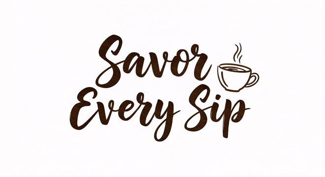 Savor every sip coffee illustration. Hand-drawn calligraphy lettering with a hot beverage cup icon for cafe decor and personal enjoyment concept.