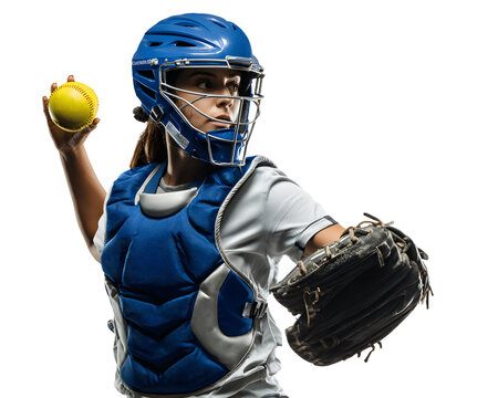 Young female softball catcher in full gear, wearing a blue helmet and chest protector, preparing to throw a yellow ball, isolated on transparent background