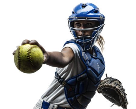 Young female softball catcher in full gear, wearing a blue helmet and chest protector, holding a yellow ball, isolated on transparent background