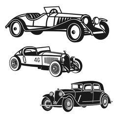 Obraz premium Vector art of three vintage cars in black and white are displayed here