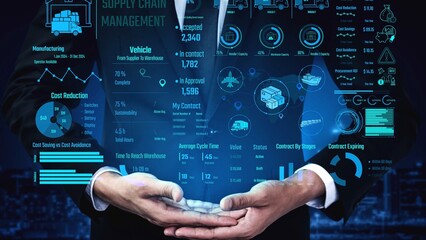 Supply chain management interface showing delivery routes, warehouse efficiency, cost savings,...