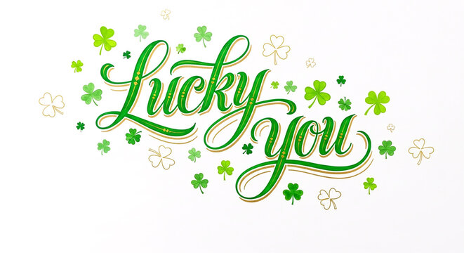 Lucky you green calligraphy lettering with shamrock elements on white background. St. Patrick's Day blessing card. Irish celebration text holiday design.