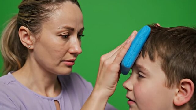 Caring Mother Applying a Cold Compress to Her Sons Injured Forehead.