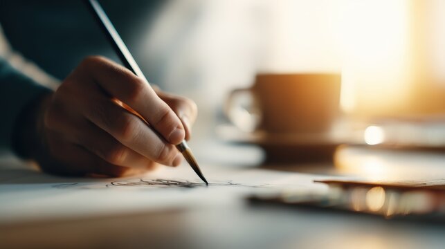 A hand holds a pencil, sketching on paper, with a coffee cup in the background, capturing a moment of creativity and focus in a warm, natural light setting.