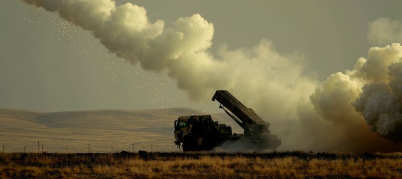 Ground to air missile launch vehicle. Military war aerial defense weapon. Generative video AI technology.	
