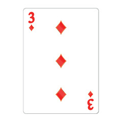 Three of diamonds. Playing card with golden elements. Casino icons. Pictograms representing different suits. Vector illustration. Flat design for modern visual elements.