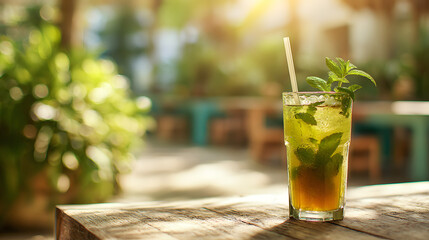 Green iced tea with mint leaves and eco straw on a sunny garden table, lens flare and blurred background with open area