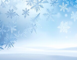 A magical Christmas winter background with delicate, intricate snowflakes and frost crystals against a soft, blurry blue and white landscape