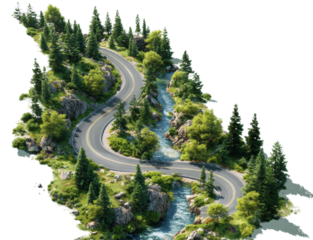 Scenic curved road forest landscape aerial view natural beauty isolated on transparent background