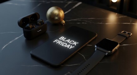 Black Friday electronics sale promo. Smartphone displaying 'Black Friday', earbuds, smartwatch, festive ornament on dark marble background. Perfect for holiday promotions.