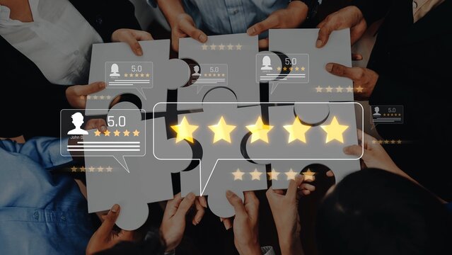 A diverse team working together with puzzle pieces, each showing stars and ratings, symbolizes effective collaboration, feedback, and vibrant workplace dynamics. Raster