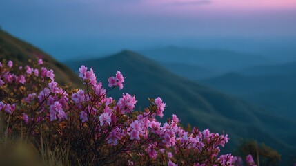Vivid pink blossoms flourish on a steep hillside overlooking layered blue mountain ranges at dusk