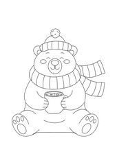 Cute winter bear with cup of cocoa coloring page. Simple cartoon vector illustration for kids activity, holiday printable, book cover, card, or poster.