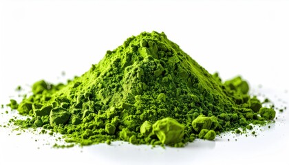 Vibrant Green Matcha Powder Pile Isolated on a Clean White Background with Soft Natural Lighting