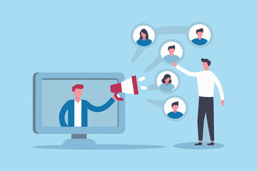 Man broadcasting message via megaphone from computer screen to connected network of people