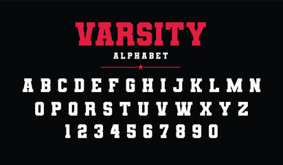 Varsity classic college font alphabet, varsity sport font for baseball, football or basketball logo, brand and t-shirt, athletic department typeface and stylish varsity alphabet