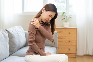 Pain body muscles stiff problem, suffer asian young woman, girl face painful, hand holding neck...