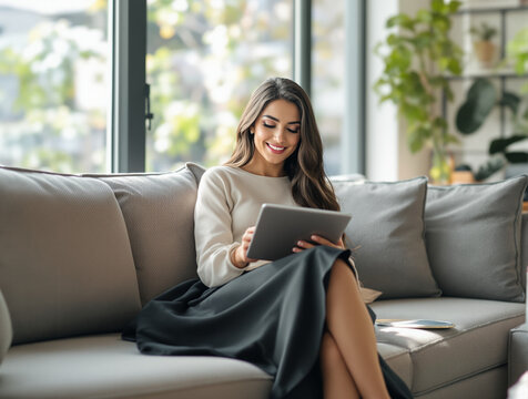 Mujer hispana con cabello largo usando una tableta digital en un sof&aacute; elegante