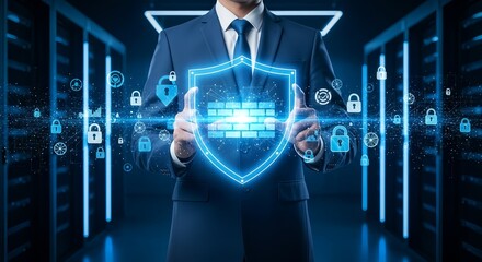 Man in suit holding glowing shield with firewall in front of server data racks and locks