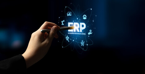ERP platform visual showing centralized system for enterprise resource planning, improving integration, data flow, business efficiency, finance, inventory, and human resources. Spline