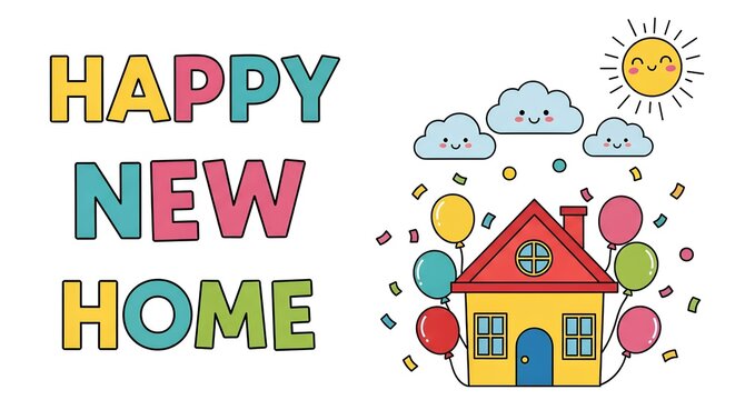 Greeting card for a housewarming, buying a new home with the inscription Happy New Home and an illustration of a cute house, balloons, sun, and clouds on a white background in kawaii style.