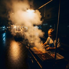Satay vendor grilling skewers with thick smoke under dim night light.