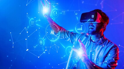 A man immerses himself in a virtual reality experience surrounded by vivid digital graphics and futuristic concepts. The scene captures excitement and innovation. Raster