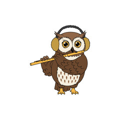 Obraz premium Cute cartoon owl wearing headphones playing a wooden flute music instrument with happy expression vector Christmas