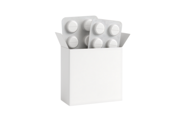 Prescription medicine concept, aluminum foil blister sheets with pills emerging from generic box, clean 3D render