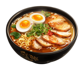 Delicious ramen bowl with eggs and chicken asian restaurant food isolated on transparent background