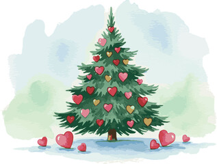 Hand Drawing Watercolor Christmas card. Christmas tree and hearts.