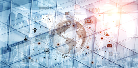 Global AI-powered digital network ecosystem connecting data, finance, analytics, ecommerce, communication, and automation across continents through technology and cloud Vouch