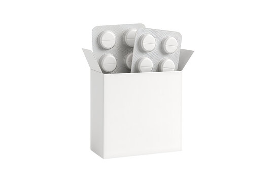 Prescription medicine concept, aluminum foil blister sheets with pills emerging from generic box, clean 3D render
