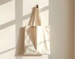 Reusable Canvas Tote Bag Hanging on Wall with Shadow