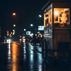 Street food cart selling bakso in the rain at night with warm light reflection on wet street.