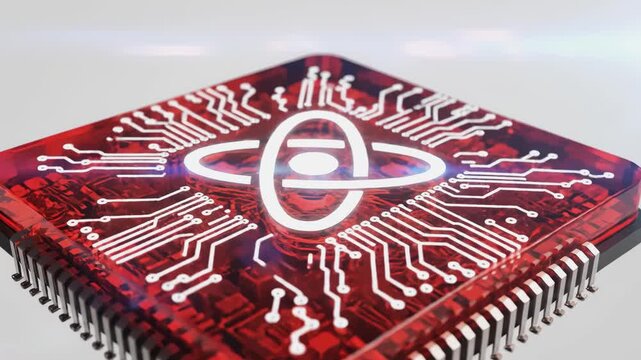 Abstract image of a red electronic microchip with atom symbol and circuitry, on a white background