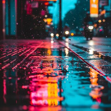 Wet sidewalk with colorful neon light reflections after rain.
