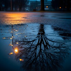 Streetlight illuminating puddles on an empty wet road at night.