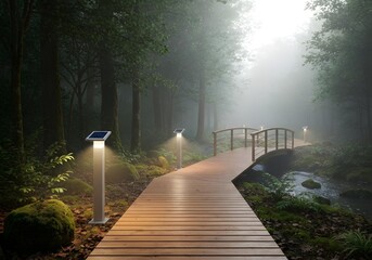 Wooden path through a modern green forest illuminated by soft sunlight.