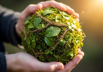 Human hand holding a globe made of leaves representing care for the Earth.