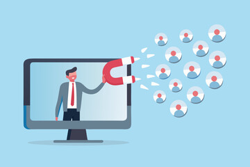 Businessman with a magnet attracts people icons from a computer screen to his business