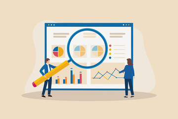 Business analytics team analyzing financial data charts and graphs on a digital screen with a magnifying glass