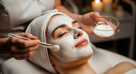 A woman is receiving a facial treatment, lying on a spa bed with a white headband. A beautician, wearing a white uniform, applies a white facial mask.