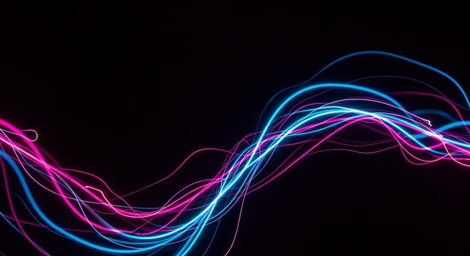 Colorful neon light trails in pink and blue flowing against a dark black background abstract digital art futuristic glowing lines dynamic motion visual graphic design