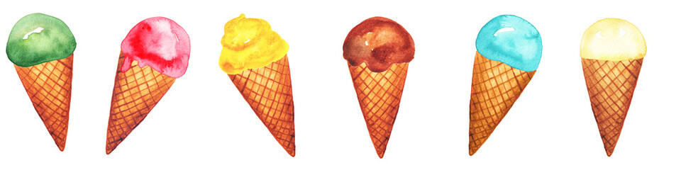 Horizontal row pattern of colorful ice cream cones. A vibrant hand-drawn watercolor illustration. Ice cream parlor banner, individual elements isolated on a white background.
